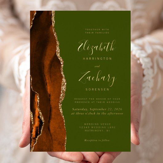 Moderne Burnt Orange Agate Olive Green Wedding Folieneinladung