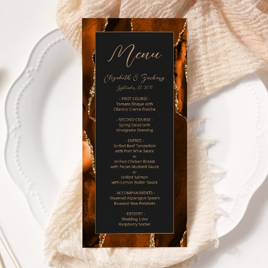 Moderne Burnt Orange Gold Agate Dark Wedding Menükarte