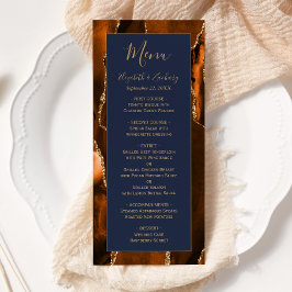 Moderne Burnt Orange Gold Agate Navy Blue Wedding Menükarte