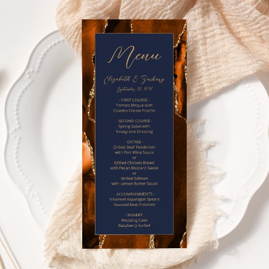Moderne Burnt Orange Gold Agate Navy Blue Wedding Menükarte