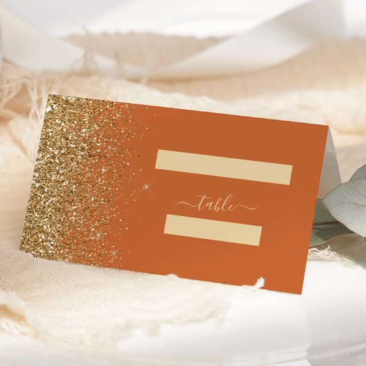 Moderne Burnt Orange Gold Glitzer Edge Wedding Platzkarte