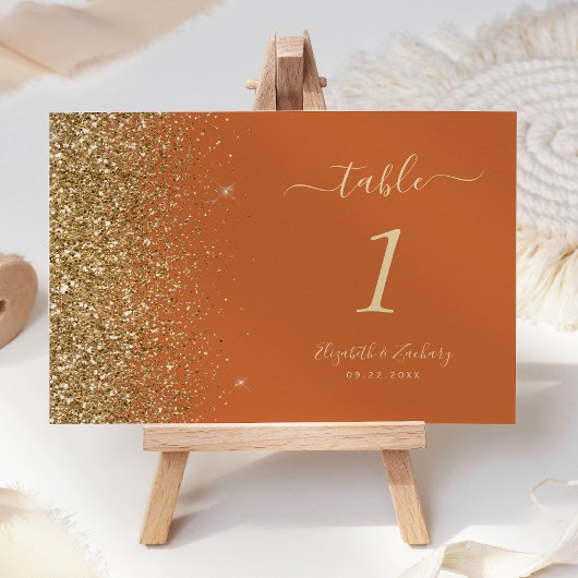 Moderne Burnt Orange Gold Glitzer Edge Wedding Tischnummer