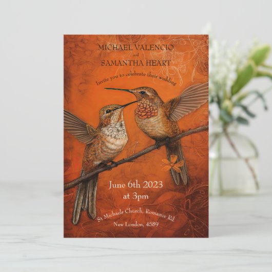 Moderne Burnt Orange Humming Birds Wedding Einladung (Stehend Vorderseite)