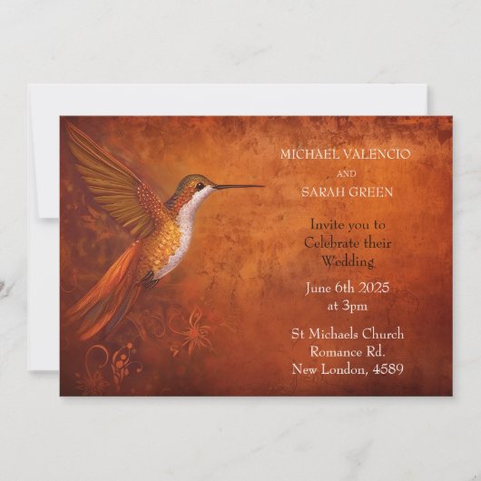 Moderne Burnt Orange Hummingbird Hochzeitseinladun Einladung (Vorderseite)