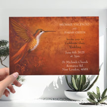 Moderne Burnt Orange Hummingbird Hochzeitseinladun