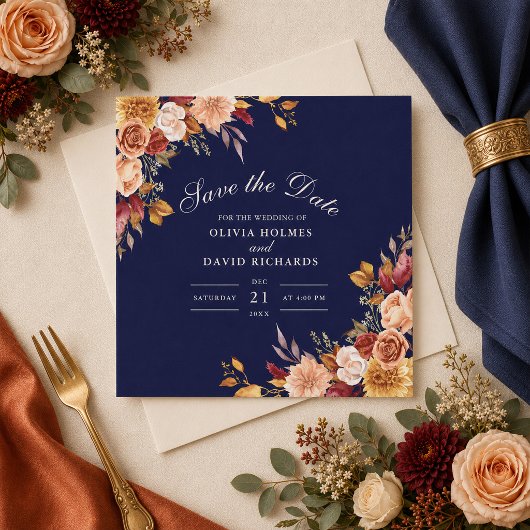 Moderne Burnt Orange Navy Blue Wildblumen Hochzeit Save The Date