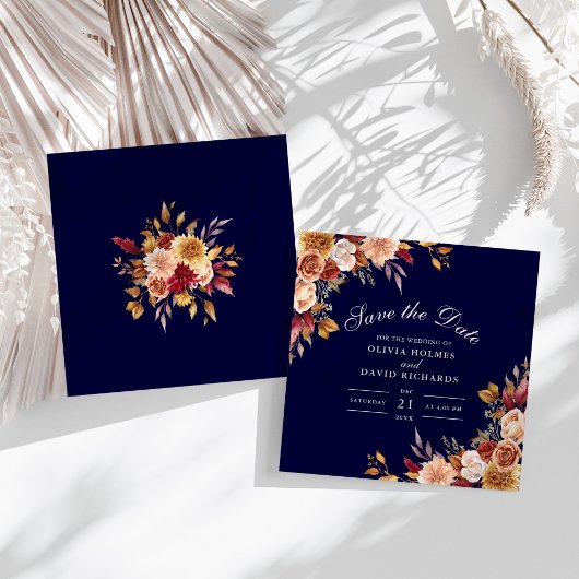 Moderne Burnt Orange Navy Blue Wildblumen Hochzeit Save The Date