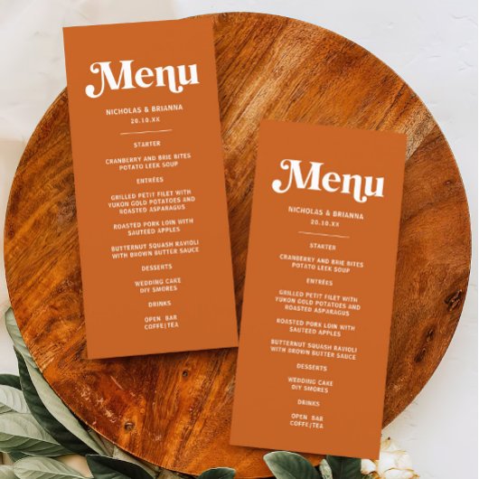 Moderne Burnt Orange Retro Boho Wedding Menükarte