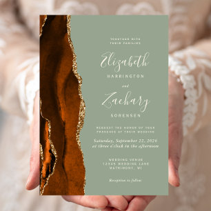 Moderne Burnt Orange Sage Green Agate Hochzeit Einladung