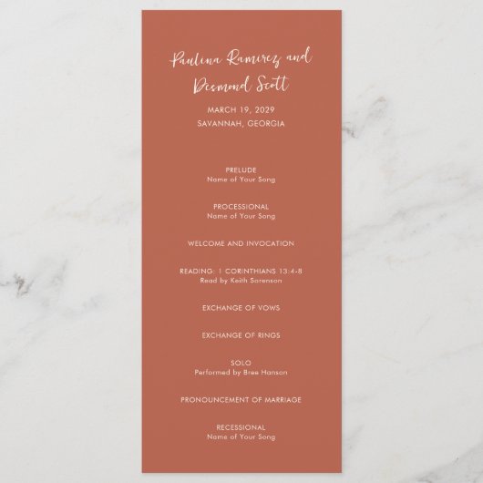 Moderne Burnt Orange Simple Wedding Programm (Vorderseite)