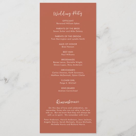 Moderne Burnt Orange Simple Wedding Programm (Rückseite)