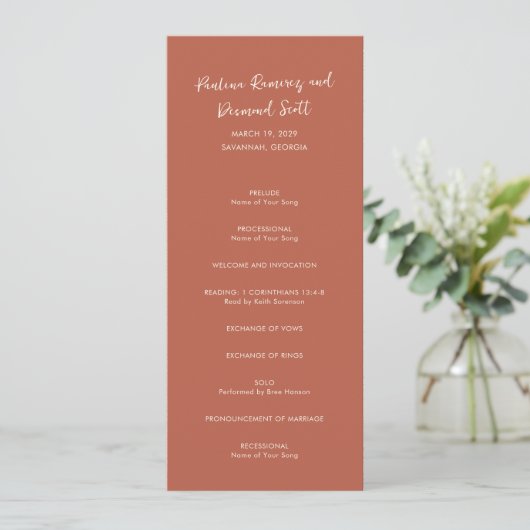 Moderne Burnt Orange Simple Wedding Programm (Stehend Vorderseite)
