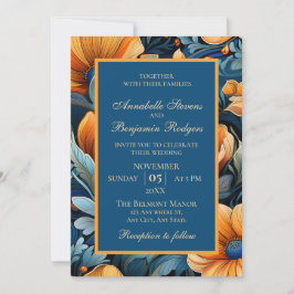 Moderne Burnt Orange und Blue Floral Einladung