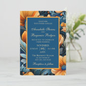 Moderne Burnt Orange und Blue Floral Einladung (Stehend Vorderseite)