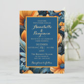 Moderne Burnt Orange- und Blue Floral Wedding Einladung (Stehend Vorderseite)