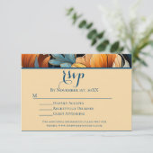 Moderne Burnt Orange und Blue Floral Wedding RSVP (Stehend Vorderseite)
