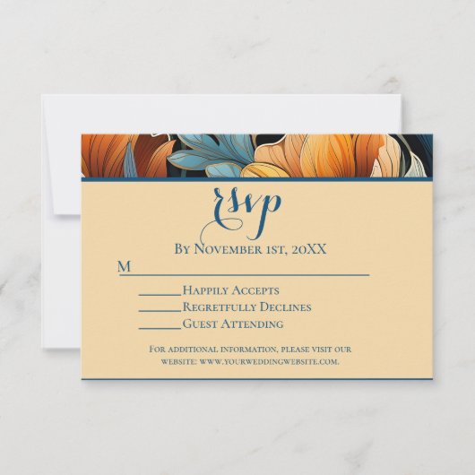 Moderne Burnt Orange und Blue Floral Wedding RSVP Karte (Vorderseite)