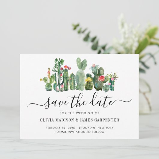 Moderne Cactus Cacti Succulent Floral South Weddin Save The Date (Stehend Vorderseite)