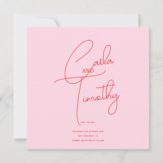Moderne Caligraphie Script Red Pink Wedding Save The Date (Vorderseite)
