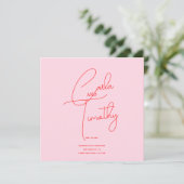 Moderne Caligraphie Script Red Pink Wedding Save The Date (Stehend Vorderseite)