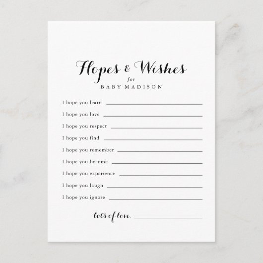 Moderne Calligraphy Baby Shower Hopps & Wish Card Postkarte (Vorderseite)