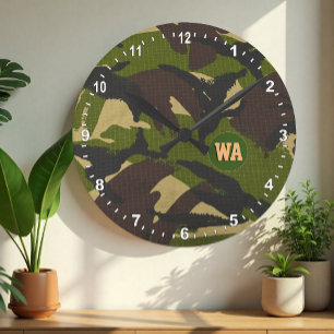 Moderne Camouflage-Uhr, Jäger mit Monogramm, Armee Runde Wanduhr