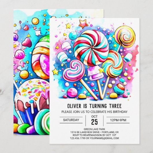 Moderne Candyland Editable Birthday Einladung (Vorne/Hinten)