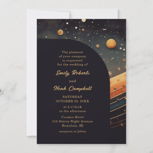 Moderne Celestial Musical Moon Galaxy Hochzeit Einladung (Vorderseite)