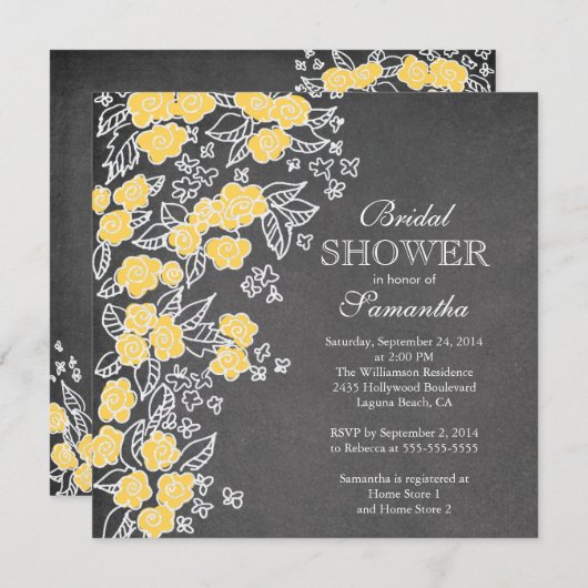 Moderne Chalkboard-Blume Grau-Gelb-Brautparty Einladung (Vorne/Hinten)