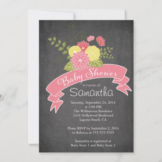 Moderne Chalkboard Floral Baby Dusche Einladungen (Vorderseite)