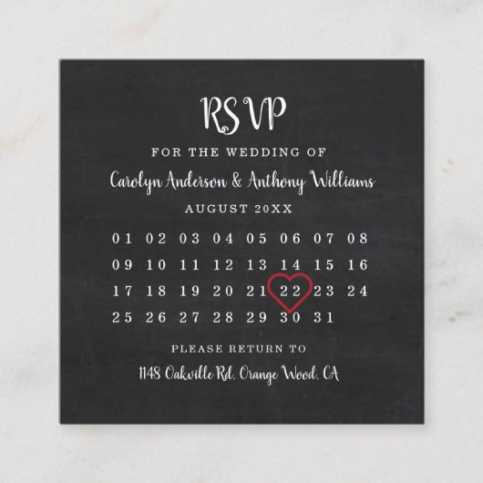Moderne Chalkboard Kalender RSVP Karte (Vorderseite)
