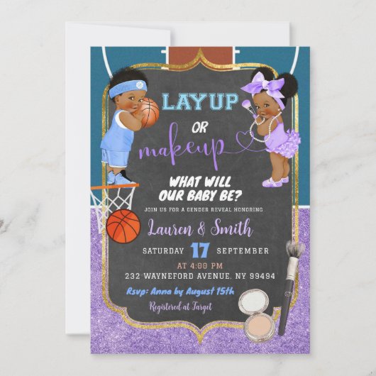 Moderne Chalkboard-Layup oder Makeup Gender Reveal Einladung (Vorderseite)