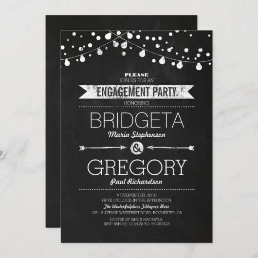 Moderne Chalkboard String Lights Engagement Party Einladung (Vorne/Hinten)