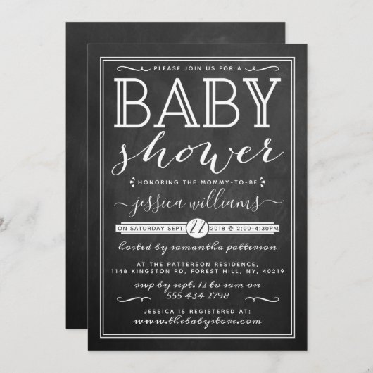 Moderne Chalkboard Trendy Typografy Baby Dusche Einladung (Vorne/Hinten)
