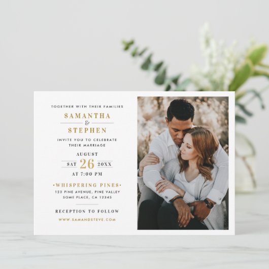 Moderne Champagner Gold Foto Hochzeit Einladung (Stehend Vorderseite)