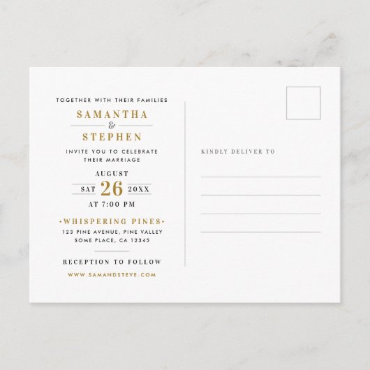 Moderne Champagner Gold Foto Hochzeit Einladungspostkarte (Vorderseite)