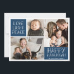 Moderne Chanukka-Foto-Collage Feiertagskarte<br><div class="desc">Diese einfache Chanukka-Fotokarte kennzeichnet moderne angeredete Typografie und drei Foto-Vorlagen!  Die Rückseite der Karte rühmt sich ein abstraktes Kreismuster des Spaßes.</div>