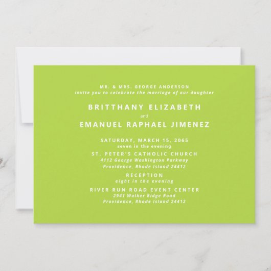 Moderne Chartreuse Bride Eltern Hochzeit Einladung (Vorderseite)