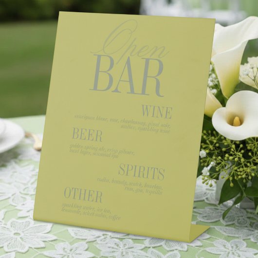 Moderne Chartreuse Open Bar Menü Hochzeit Sockelschild