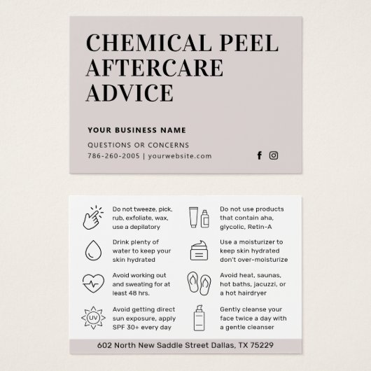 Moderne chemische Peel Aftercare Instruction Card (Vorne & Hinten)