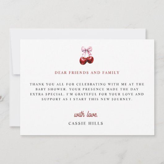 Moderne Cherry auf der Pink Bow Babydusche Dankeskarte (Rückseite)
