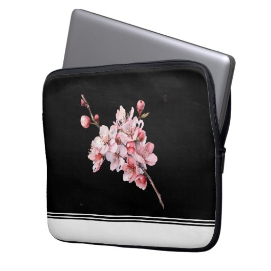 Moderne Cherry Blossom Black Electronics Bag Laptopschutzhülle (Vorderseite Links)