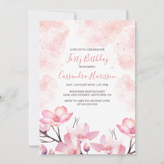 Moderne Cherry Blossom Blume Pink Splash Geburtsta Einladung (Vorderseite)