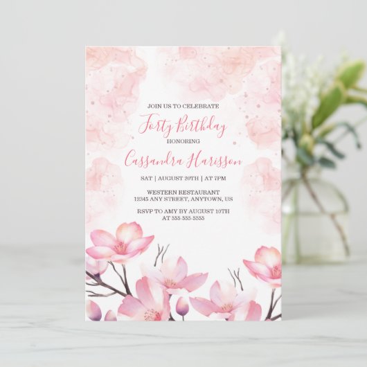 Moderne Cherry Blossom Blume Pink Splash Geburtsta Einladung (Stehend Vorderseite)