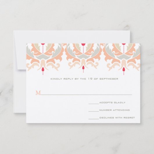 Moderne Cherry Peach Mushroom Damask Hochzeitsstim RSVP Karte (Vorderseite)