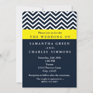 Moderne Chevron Blau und Gelbe Hochzeitseinladunge Einladung
