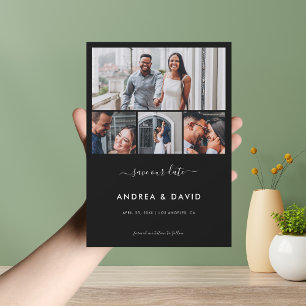 Moderne Chic 4-Foto-Collage-Website Schwarze Hochz Save The Date