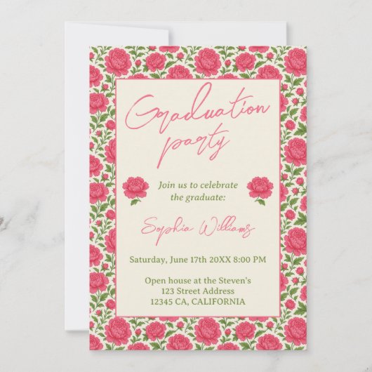 Moderne Chic Boho Pink Peony Graduation Party Einladung (Vorderseite)