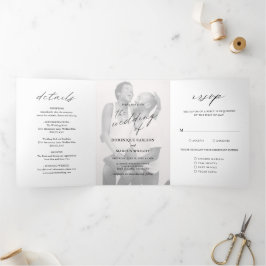 Moderne Chic Calligraphy Einfaches Foto Hochzeit Dreifach Gefaltete Einladung