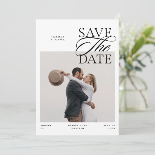 Moderne Chic Editorials Schrift Foto Doppelseitig Save The Date (Stehend Vorderseite)